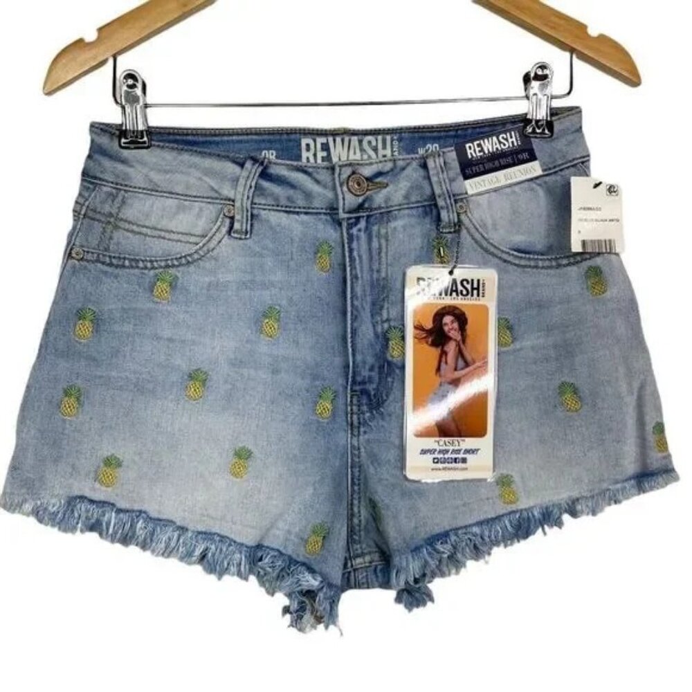 NWT REWASH SUPER HIGH RISE VINTAGE REUNION‎ PINEAPPLE RAW HEM JEAN SHORTS 9R
